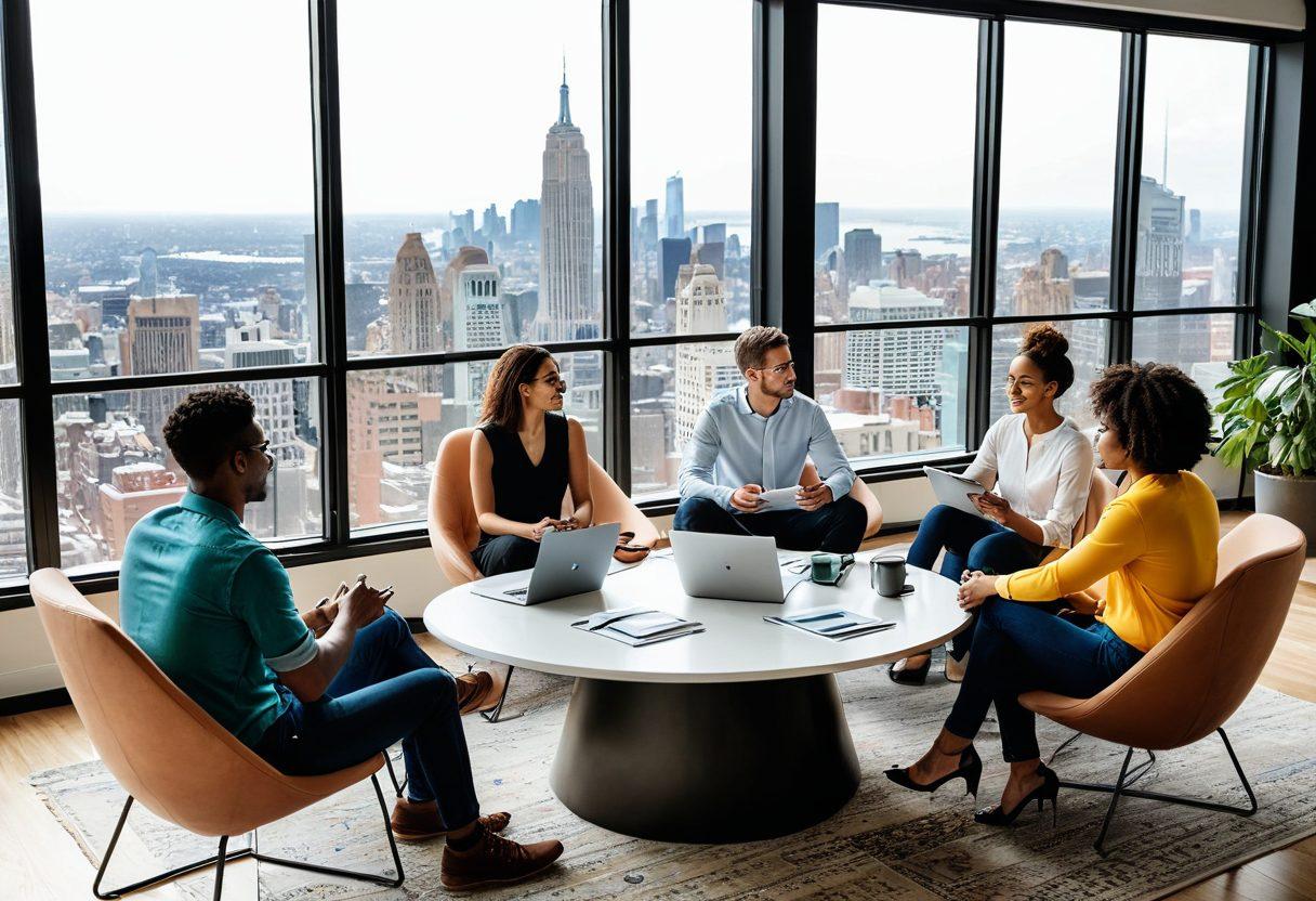 A group of diverse millennials discussing financial strategies around a modern, stylish coffee table filled with laptops, smartphones, and financial documents. The background features a bustling cityscape through large windows, symbolizing a vibrant market landscape. Infographics of financial growth and security tips are subtly integrated into the scene. Bright and inviting colors to inspire hope and action. super-realistic. vibrant colors. 3D.