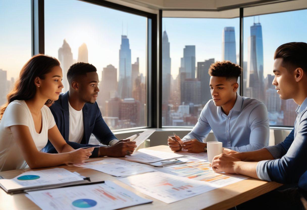 A diverse group of young Americans, gathered around a table filled with financial documents, laptops, and coffee cups. They are engaged in a lively discussion about insurance strategies and financial planning, with colorful graphs and charts displayed on screens. The background features a modern city skyline, symbolizing ambition and opportunity. Rays of sunlight pour in through large windows, creating a warm and inviting atmosphere. vibrant colors. super-realistic. modern style.