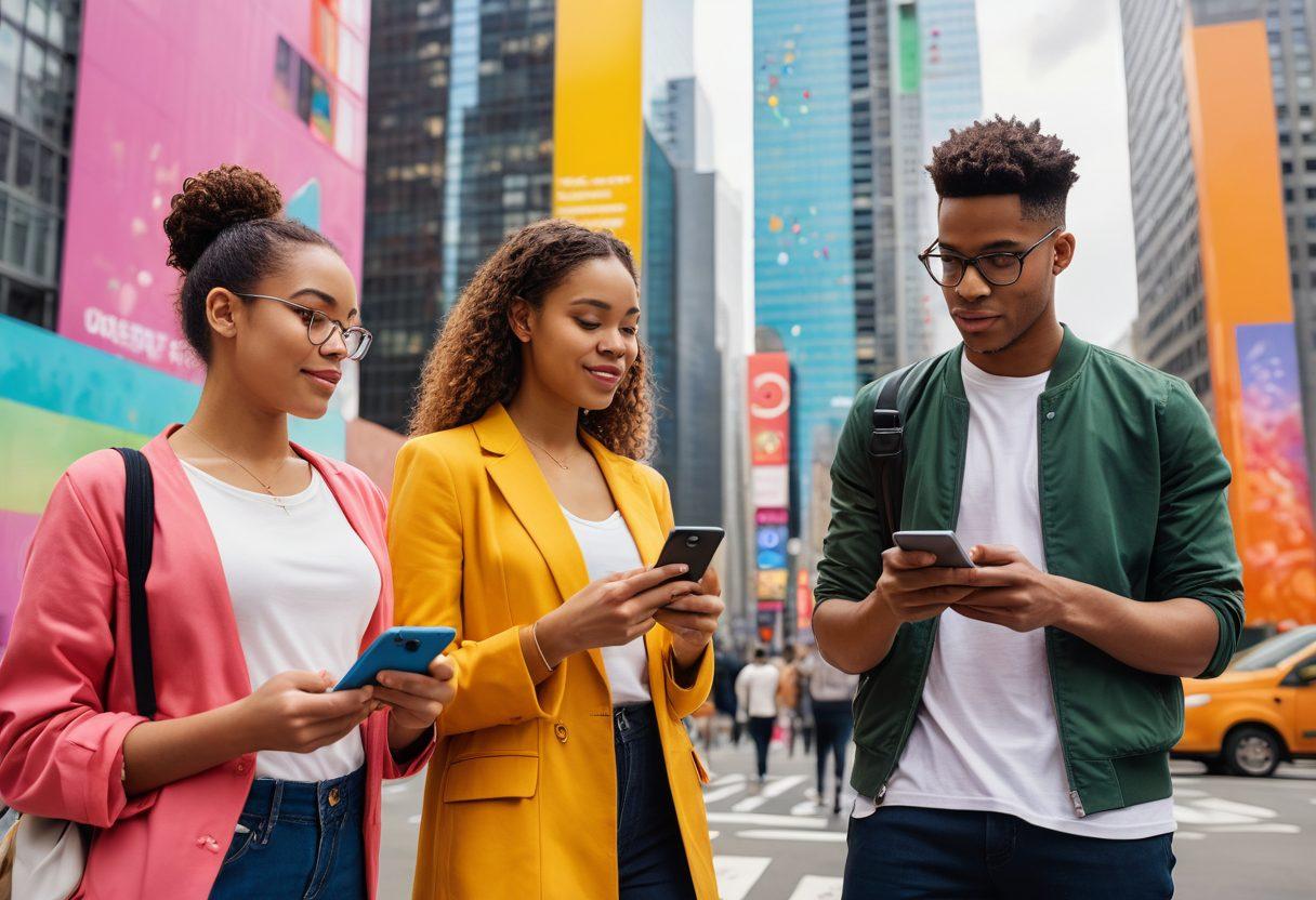 A dynamic scene depicting a group of diverse young adults in a modern urban setting, each engaged in conversations about insurance options, with colorful charts and graphs floating around them. Include elements of technology, like smartphones and laptops, to signify smart choices and personalized coverage. Use vibrant colors and a sense of community, highlighting empowerment and informed decision-making. super-realistic. vibrant colors. modern style.
